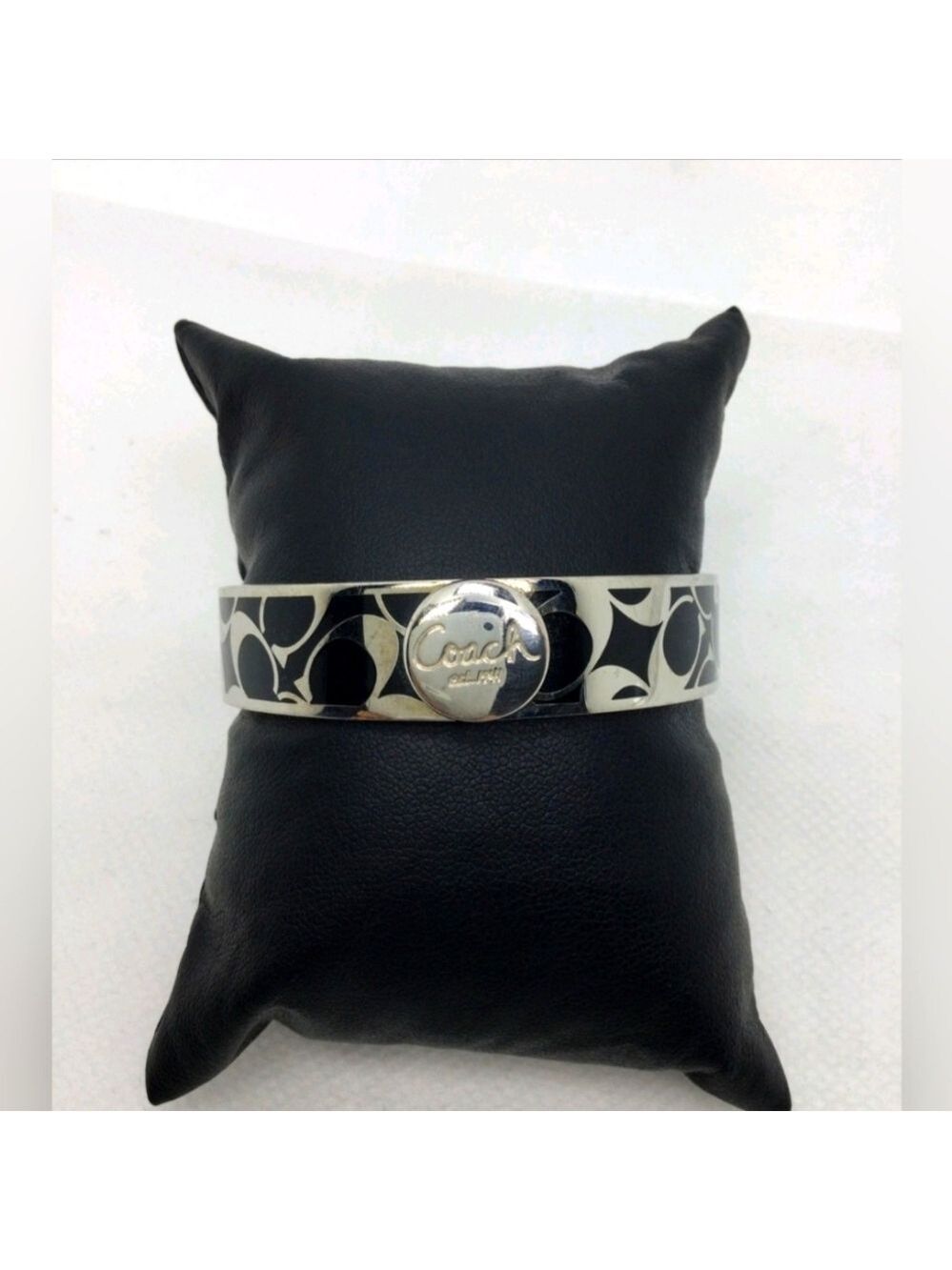 Coach Black Enamel Signature Hinged Bangle Bracelet 7" NWOT